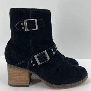 Bearpaw Amethyst Moto Suede Heeled Boots Ankle Sherpa Lined Black Studs 7